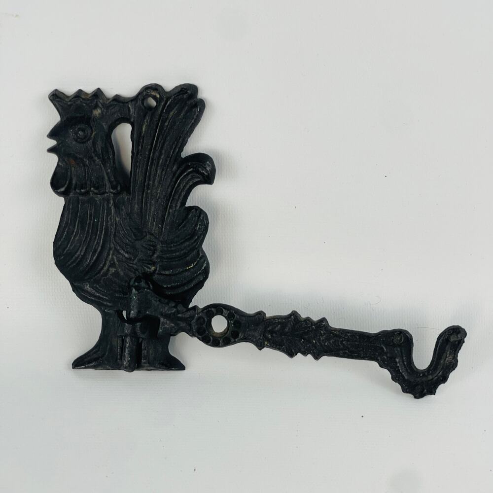 Vintage Black Cast Iron Rooster Small Wall Hook Farmhouse Swinging Hook